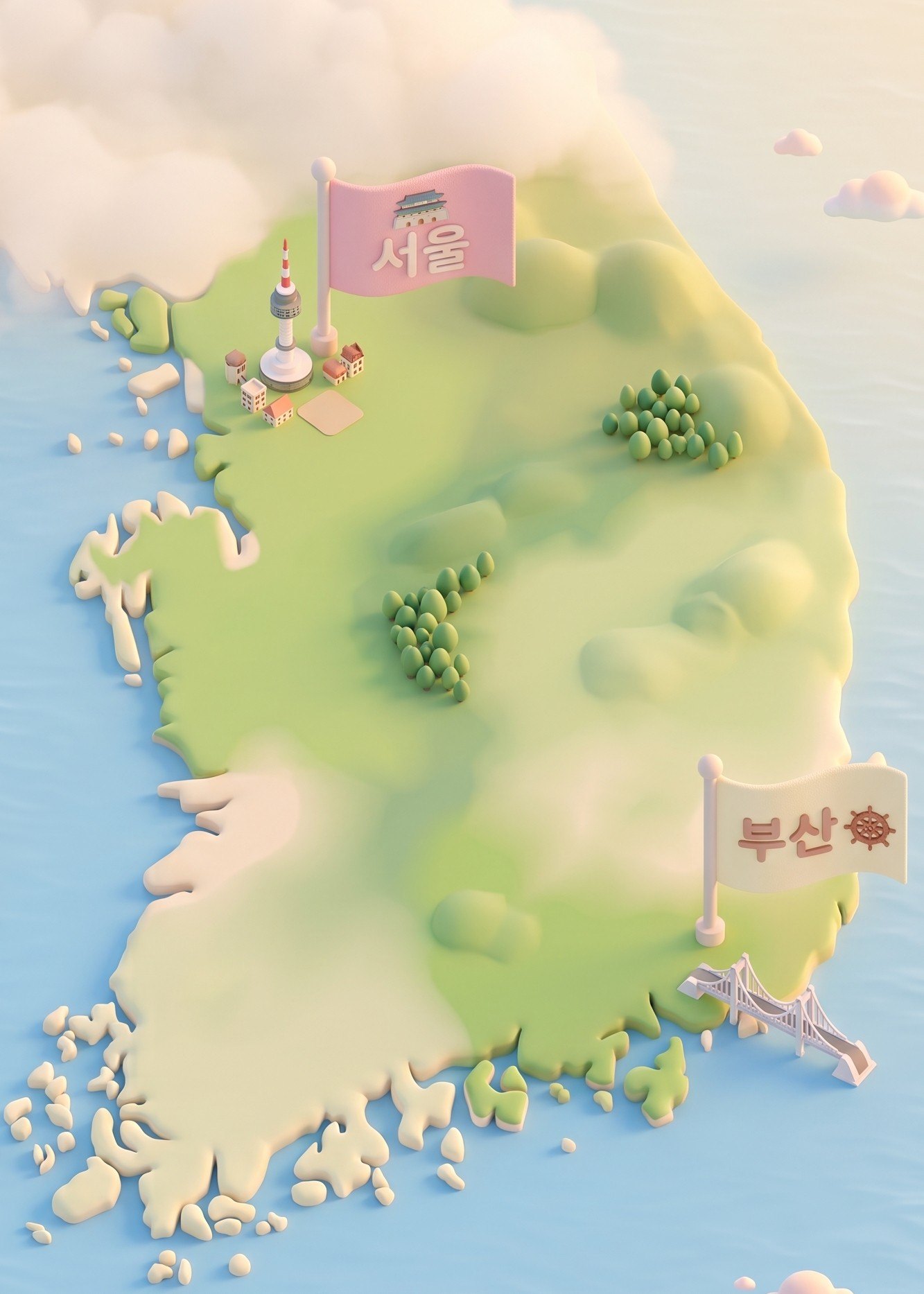 부산과 서울 깃발이 꽂힌 한국 지도